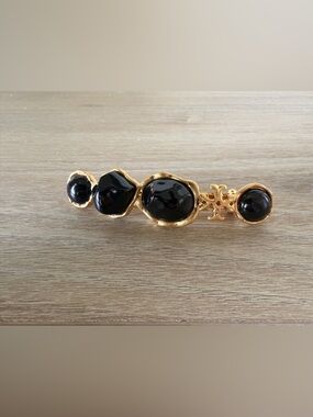 Tory Burch Black Enamel Gold Tone Hair Barrette Logo Hair Clip